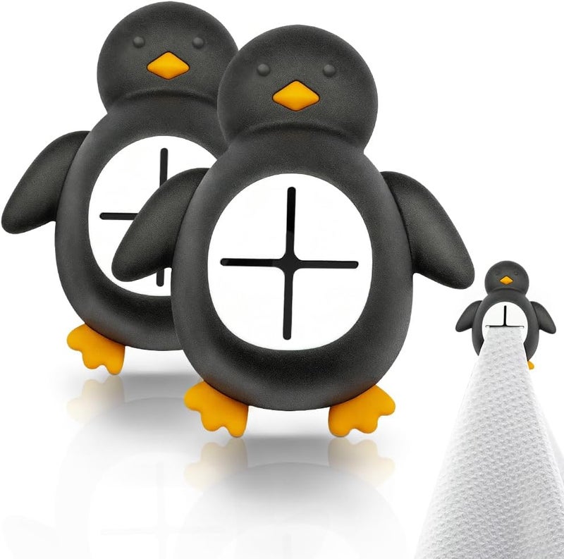 Mhfpl 2 Pack Cute Winter Penguin Adhesive Wall Mount Hand Towel Hook for Camper Refrigerator Cabinet Kitchen Bathroom Wall Dishwasher, Cute Penguin Push Dish Towel Hooks, Small Dish Rag Holder - Image 1